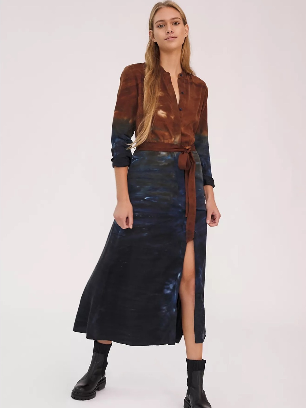 Anthropologie Cloth & Stone Perla Tie Dye Maxi Shirtdress S Blue Brown Lyocell - Picture 9 of 9